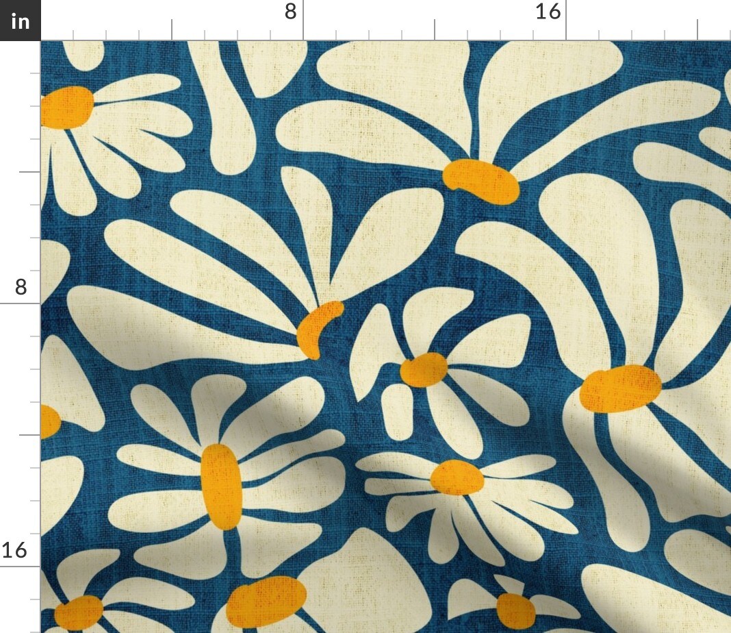 Daisy Retro Abstract Floral Botanical Block Print Style 70S 60S Vintage Blue Cream Yellow Custom Printed Fabric by Spoonflower Various Fabrics by the Yard or Fat Quarter 13488971