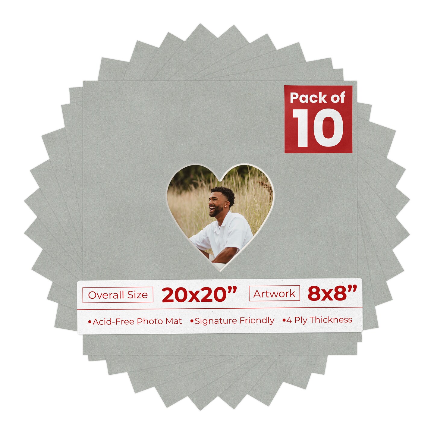 Light Grey Suede Mat Board for 20x20 Frames - Heart Opening for 8x8 Photos