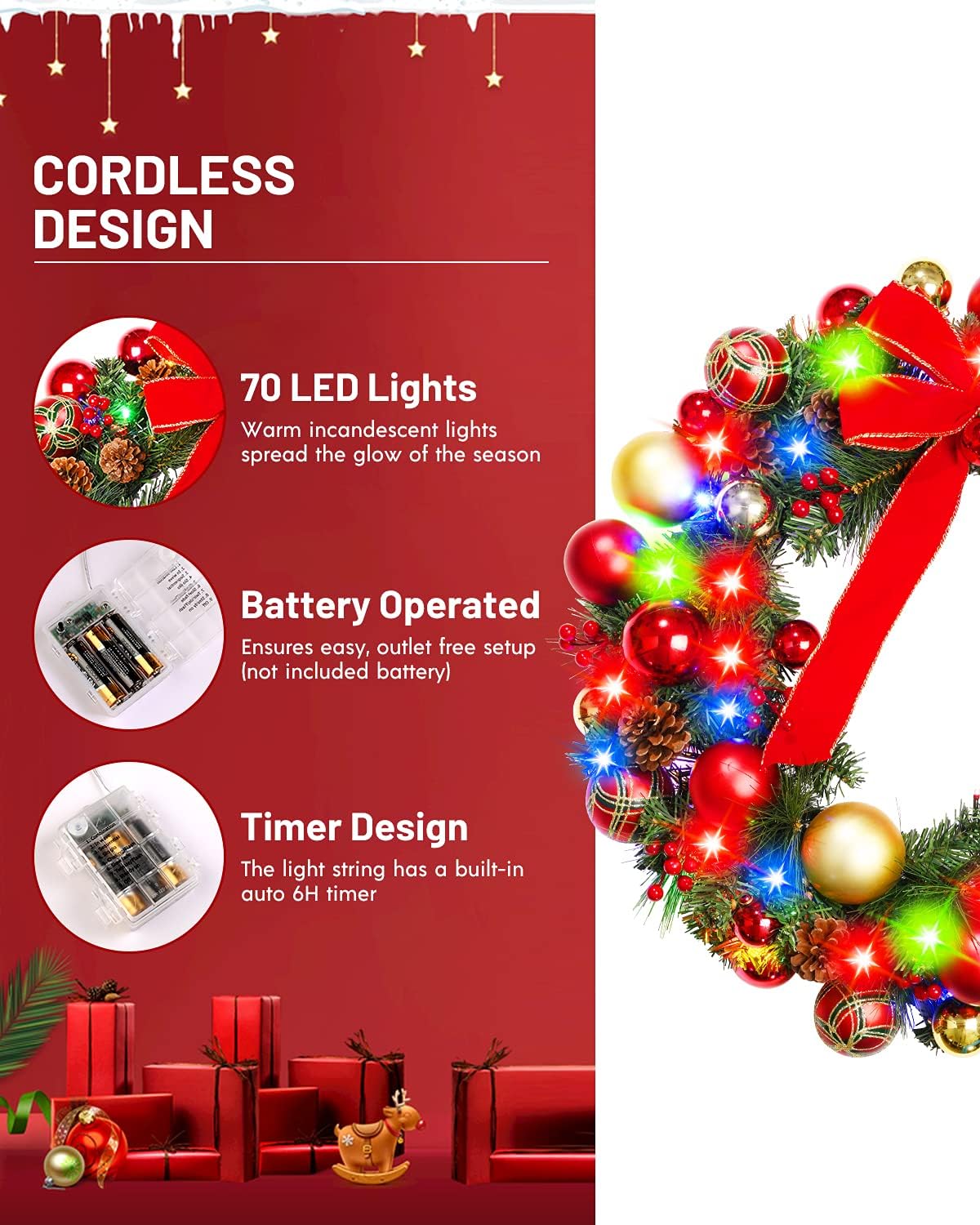 24 Inch Prelit Christmas Wreaths with 60 Lights for Front Door, Vlorart Large Lighted Christmas Wreath with Red Bow, Berries, Colored Balls, Battery Operated with Timer for Home Outdoor Decoration