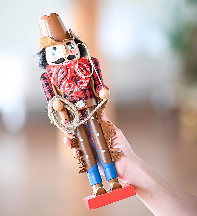 Christmas Western Cowboy Nutcracker – Brown and Red Wooden Nutcrackers Cow Boy with a Rope and Lasso Xmas Themed Holiday Nut Cracker Doll Figure Decorations 14"
