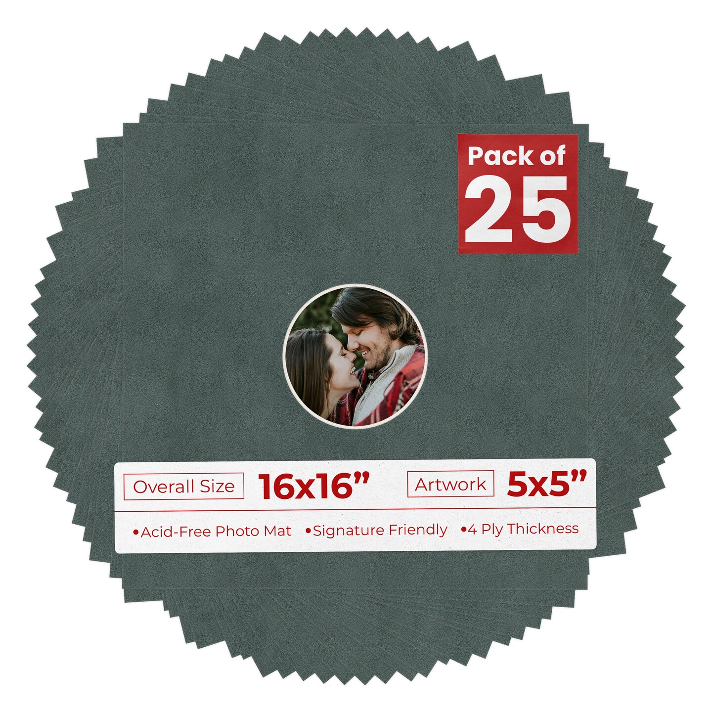 Dark Grey Suede Mat Board for 16x16 Frames - Circle Opening for 5x5 Photos
