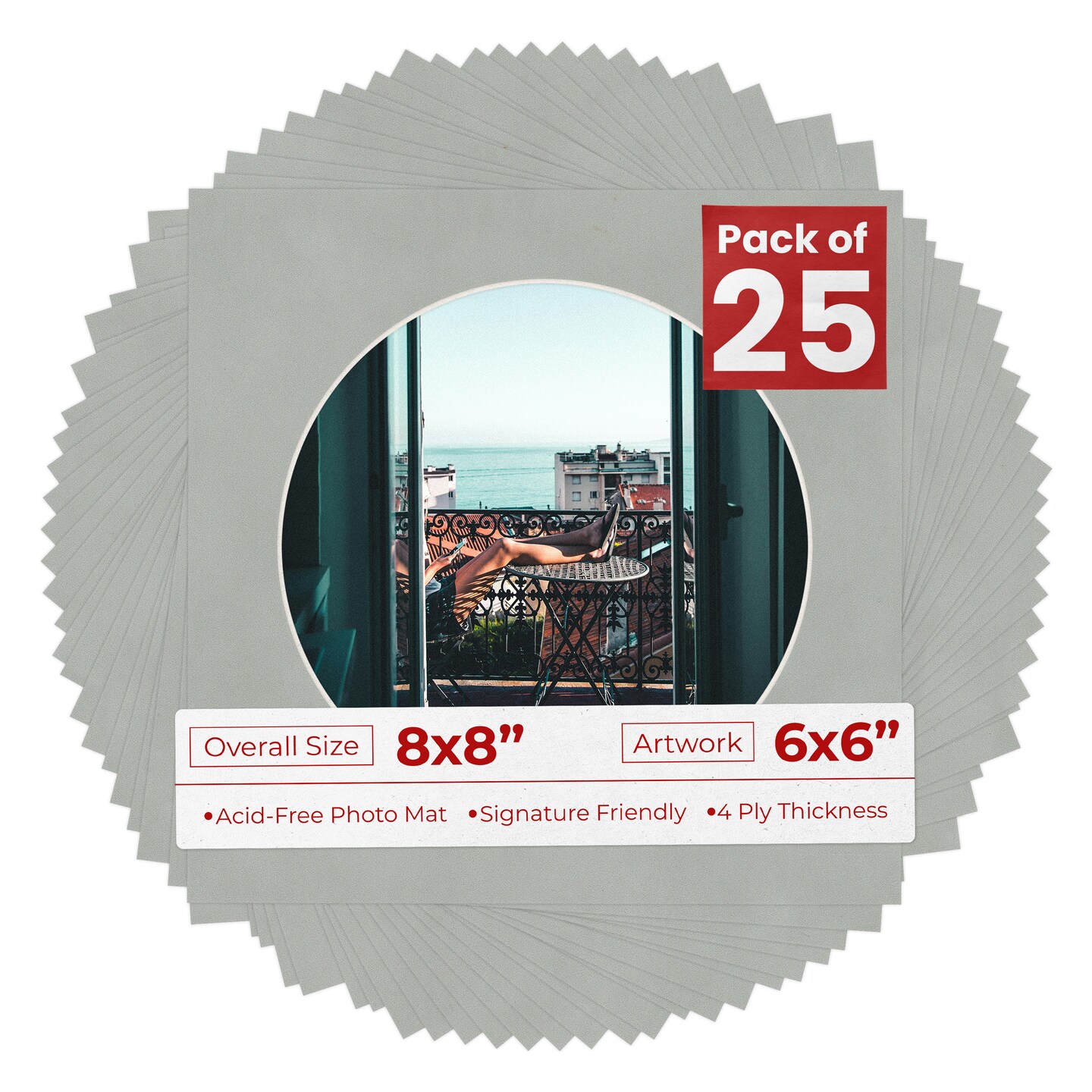 Light Grey Suede Mat Board for 8x8 Frames - Circle Opening for 6x6 Photos