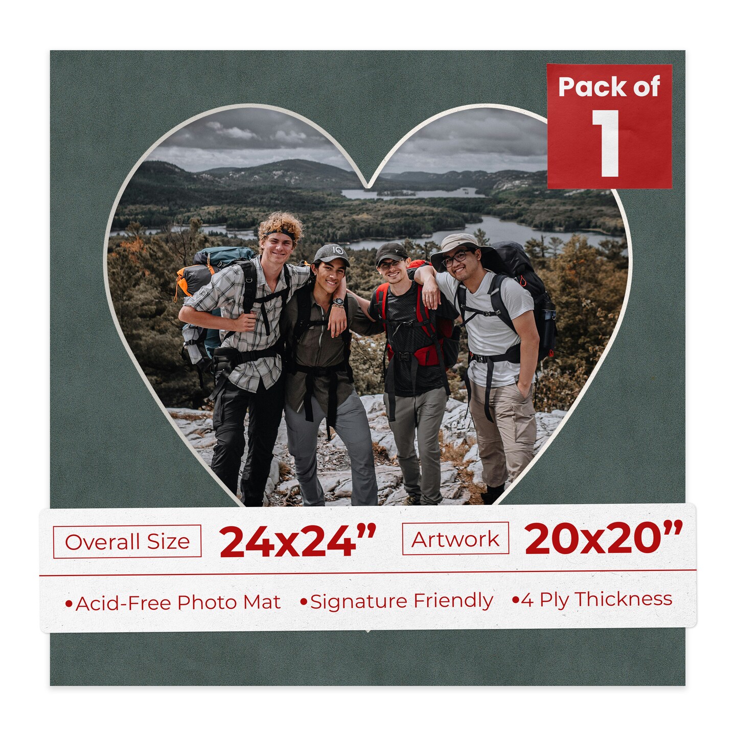 Dark Grey Suede Mat Board for 24x24 Frames - Heart Opening for 20x20 Photos