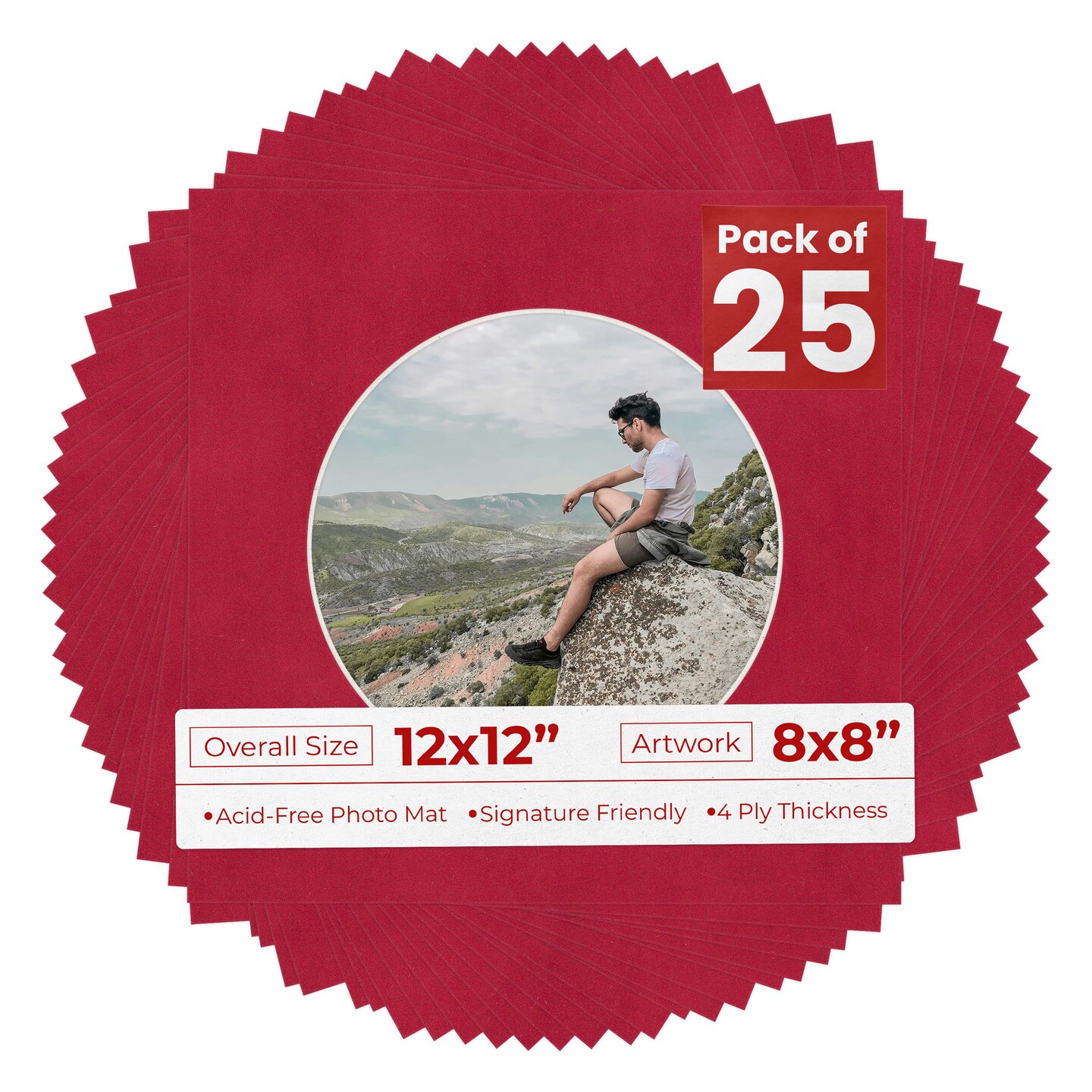 Red Suede Mat Board for 12x12 Frames - Circle Opening for 8x8 Photos