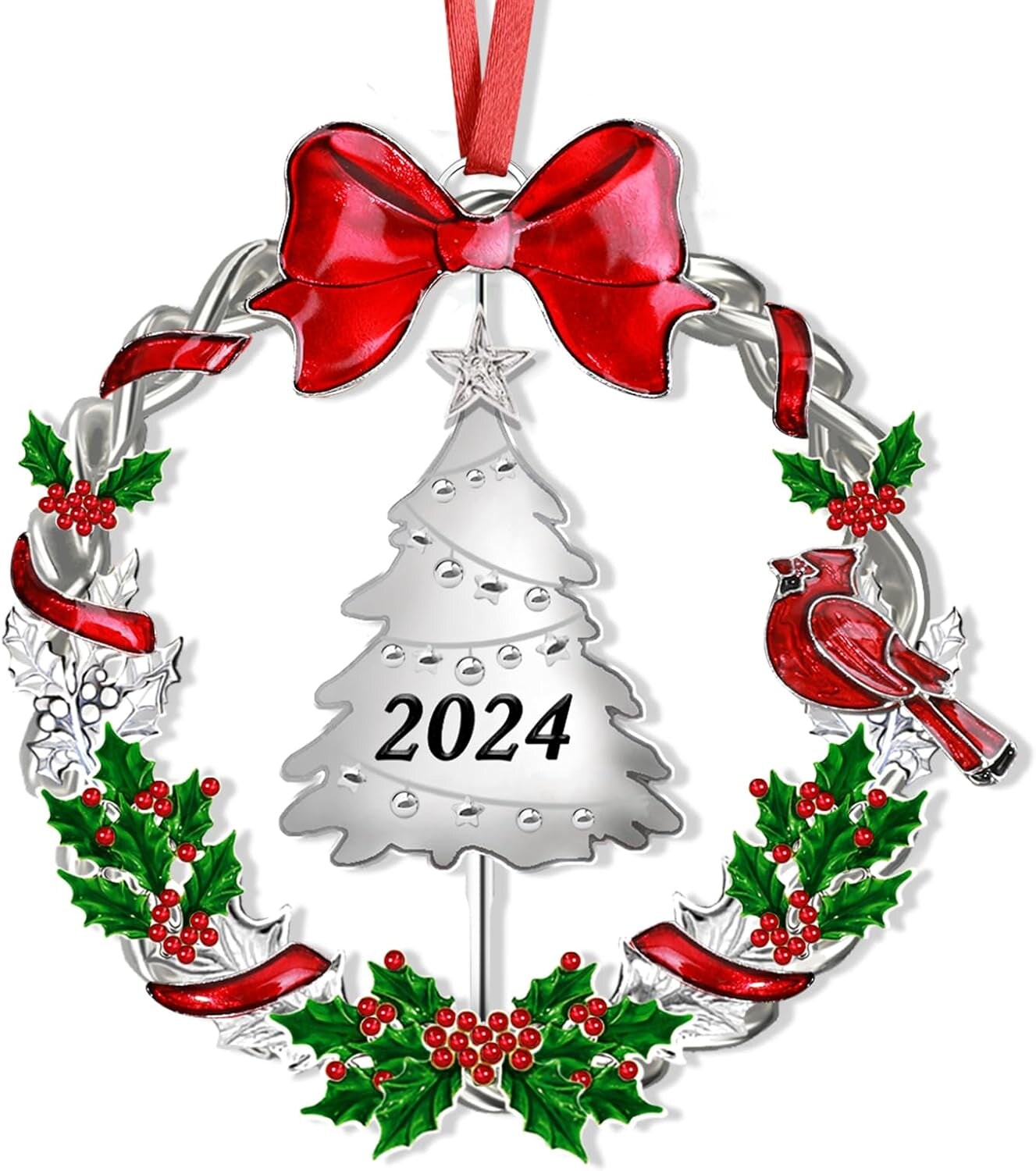 Christmas Ornament 2024 for Christmas Tree Decorations&#xFF0C;Dated 2024 Christmas Wreath Ornament with Rotatable Tree for Holiday Decorative Keepsake Gift(Metal,1 Pack)