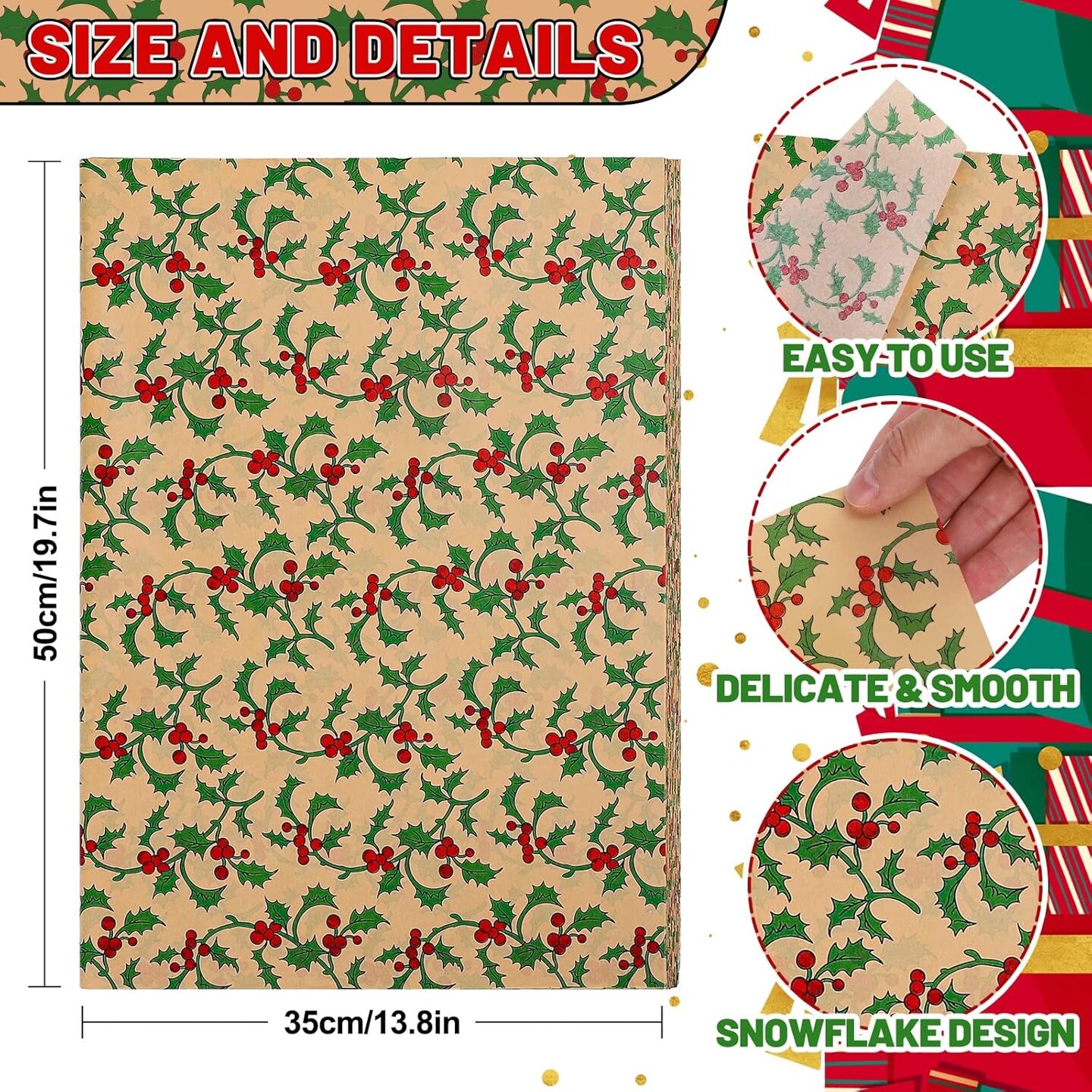 100 Sheets Christmas Tissue Paper Xmas Holy Leaves Red Berries Printed Gift Wrapping Paper Rustic Kraft Art Tissue Paper for Christmas DIY Crafts Gift Bags Winter Party Decor, 13.8 X 19.7&#x22;