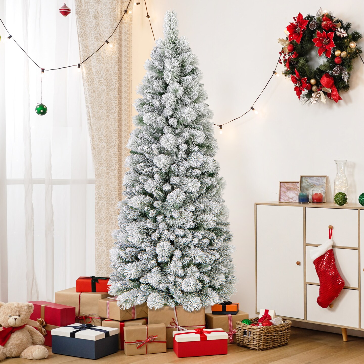 Flocked Christmas Tree with Pine Needles and LED Lights