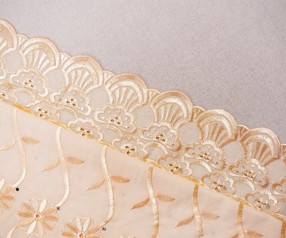 Light Beige Poly-Cotton Embroidered Scallop Rhinestone Woven Fabric By the Yard