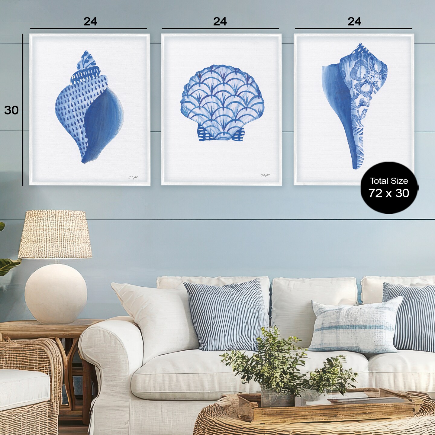 Stupell Industries Blue Chinoiserie Seashells 3pc Framed Giclee Set, design by Courtney Prahl