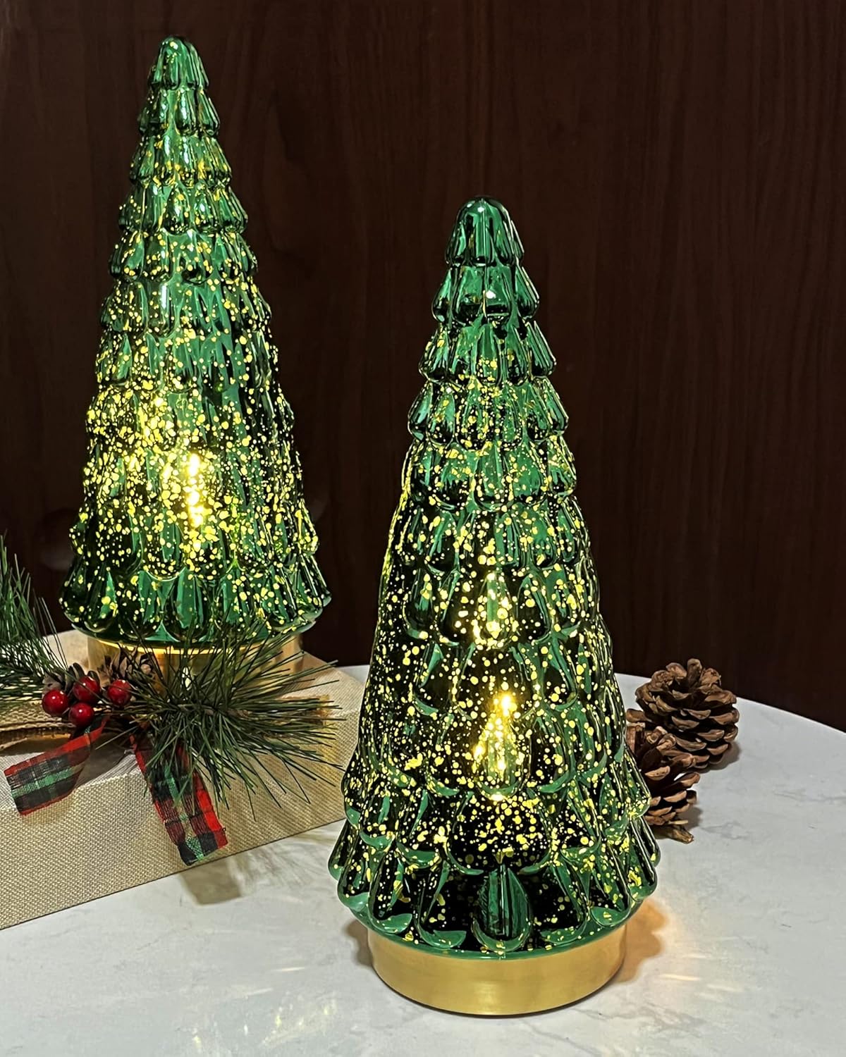 Set of 2 Mercury Glass Christmas Tree Tabletop with Lights (Green)