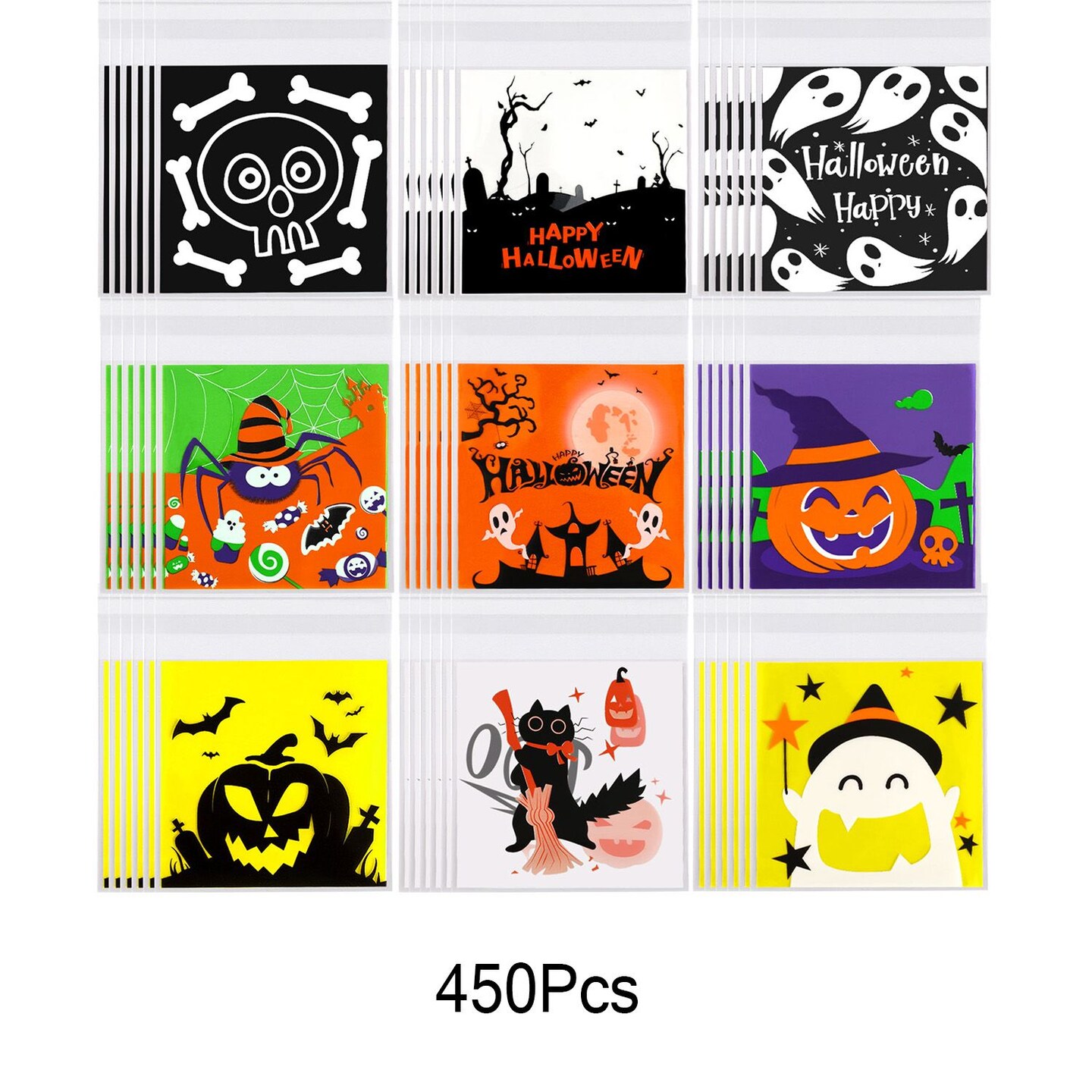 450 Pcs Halloween Cellophane Treat Bags  Self-sealing Clear Candy Cookie Bags Pumpkin Ghost Black Cat Skull Trick or Treat Bags for Halloween Birthday Trick or Treat Party Favors Supplies
