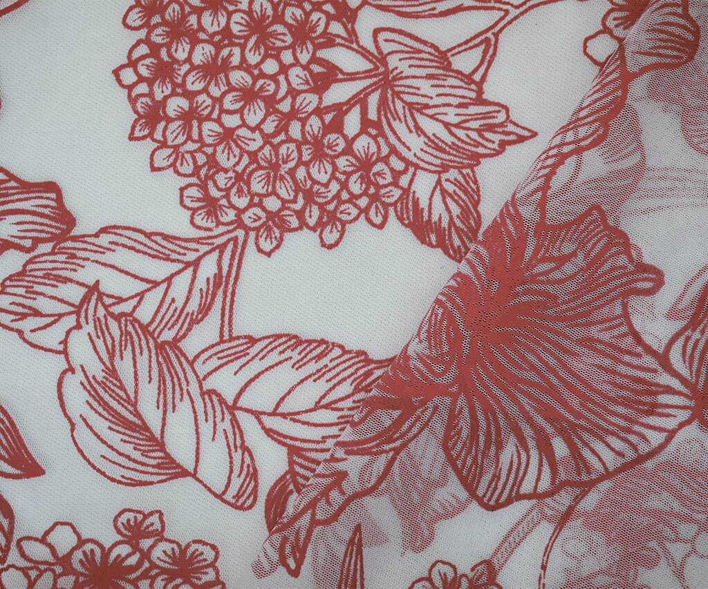 White-Red Nylon Floral Printed Tulle Mesh Knit Fabric By the Yard