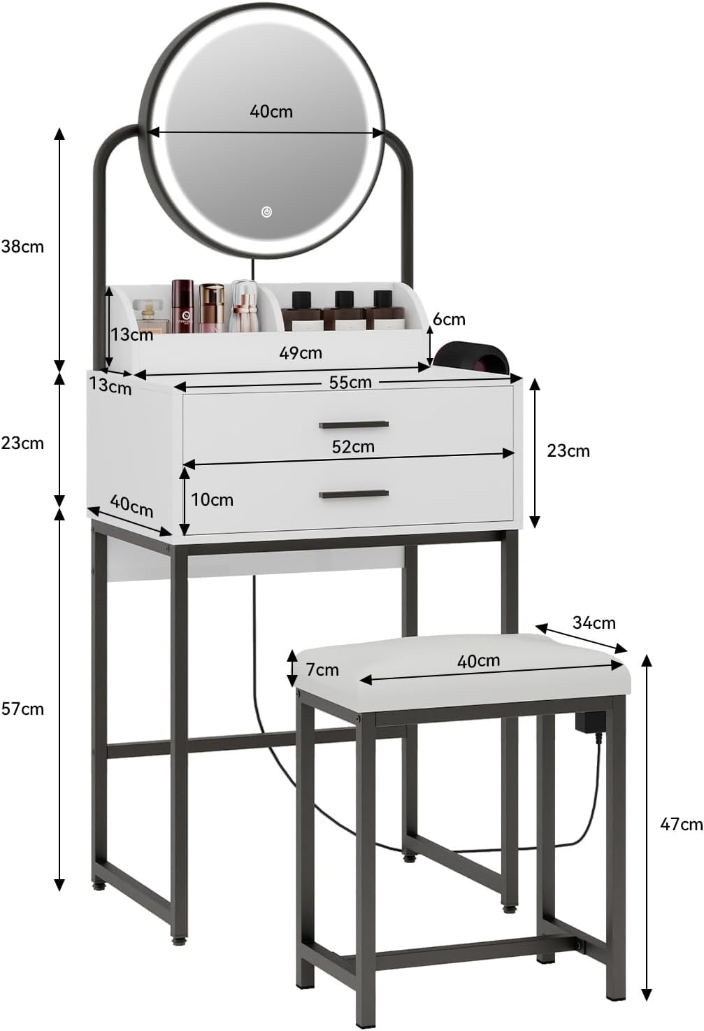 Small Vanity Desk with Mirror and Lights Compact Makeup Vanity Set with Drawers for Bedroom Mini White Modern Dressing Table with Stool