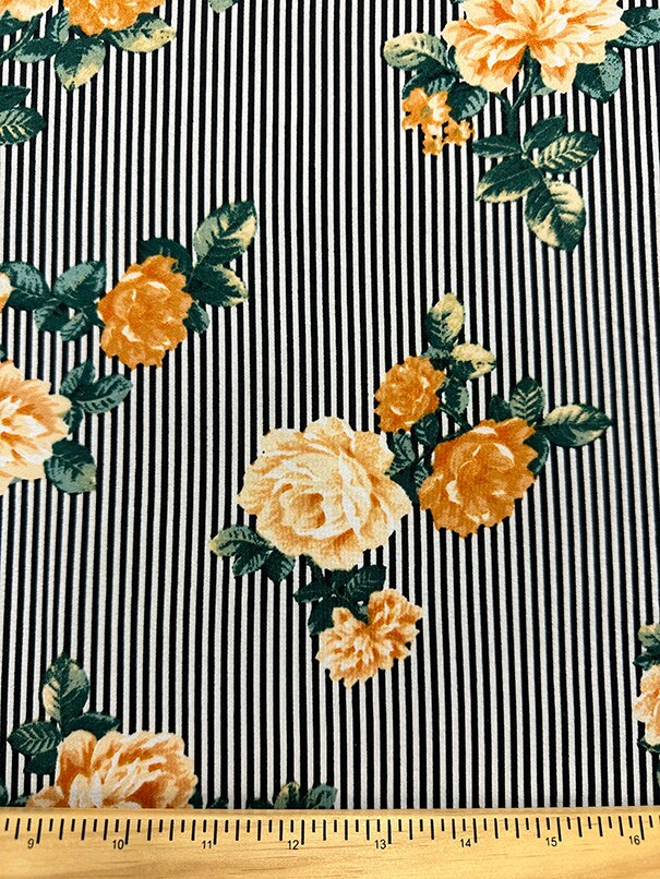 Gold Floral Black Stripe Print Double Brushed Jersey Knit Fabric By the Yard