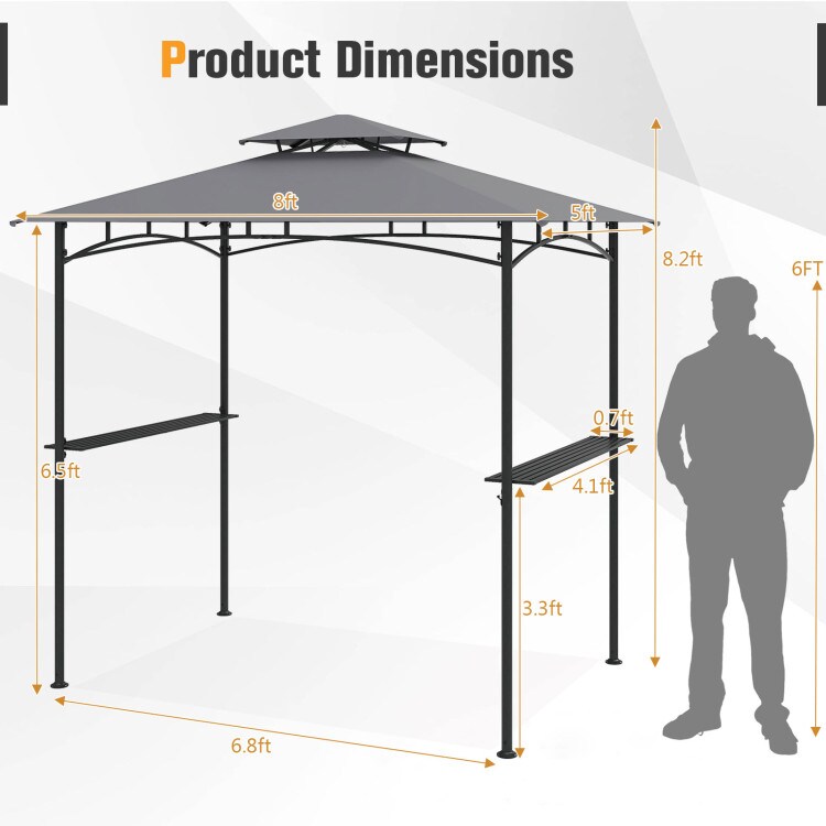 Outdoor BBQ Grill Gazebo 8x5 ft with 2-Tier Canopy and Side Shelves Hooks, Bottle Opener