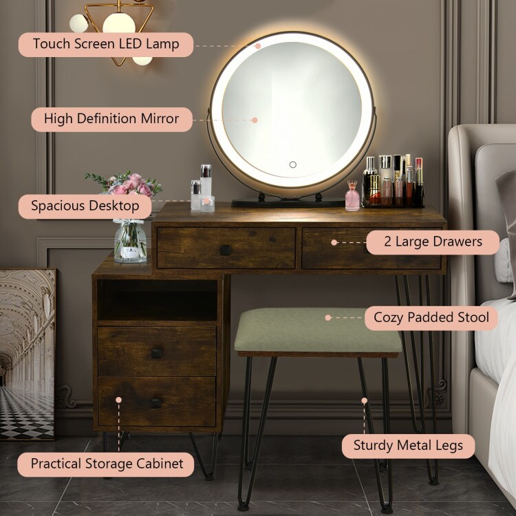 Brown 2-in-1 Vanity Table with Rotatable 3-Color LED Mirror Cushioned Stool Large Drawers and Side Cabinet