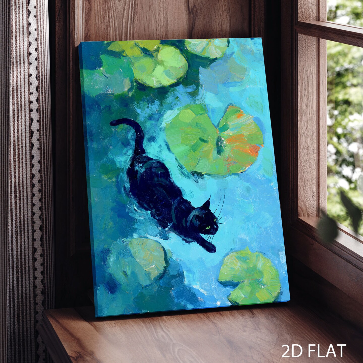 Black Cat in Pond Canvas Wall Decor - Premium Pine Frame, Mortise - Tenon Joint &#x26; Non - Toxic Water - Based Ink | 12*8inch