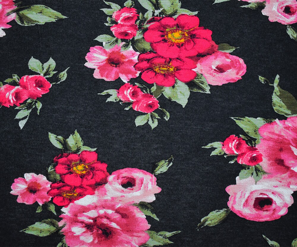 Black-Pink-Multi Cotton Floral Printed Stretch Spandex Jersey Knit Fabric By the Yard