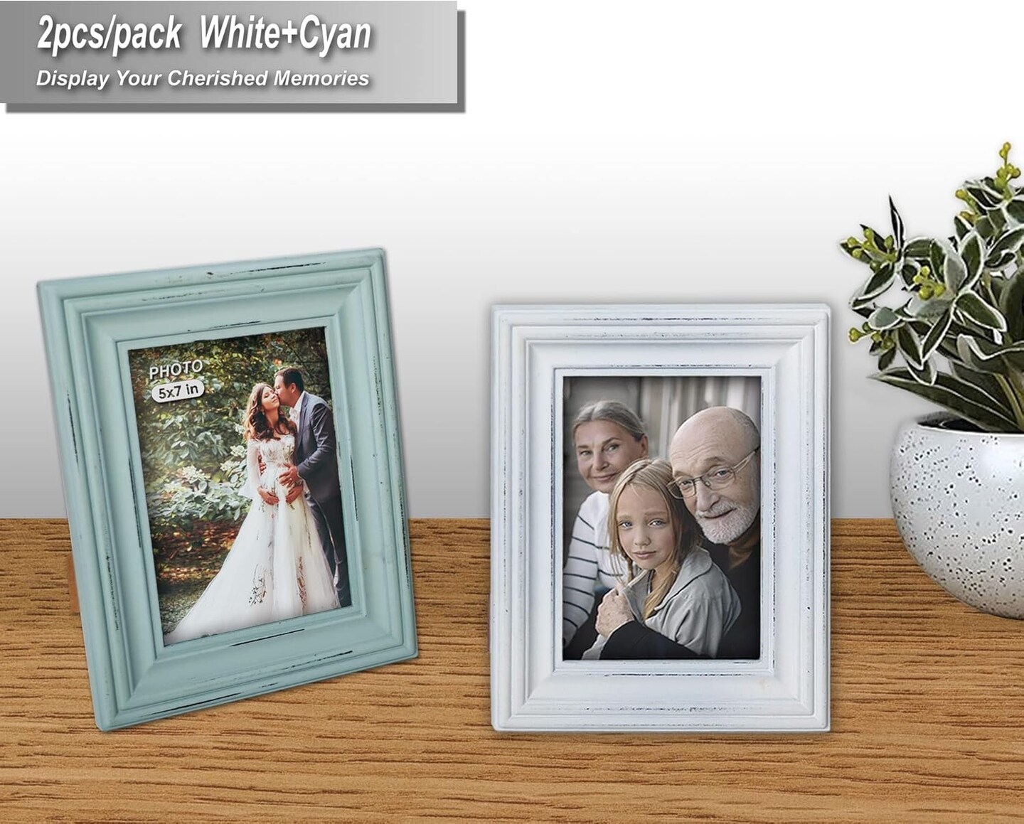 Pack of 2 - Rustic 5x7 Inches Wooden Picture Frame,Vintage Cyan and White in Gift Box(5x7 inches photo)9.9&#x22;L x 7.9&#x22;W