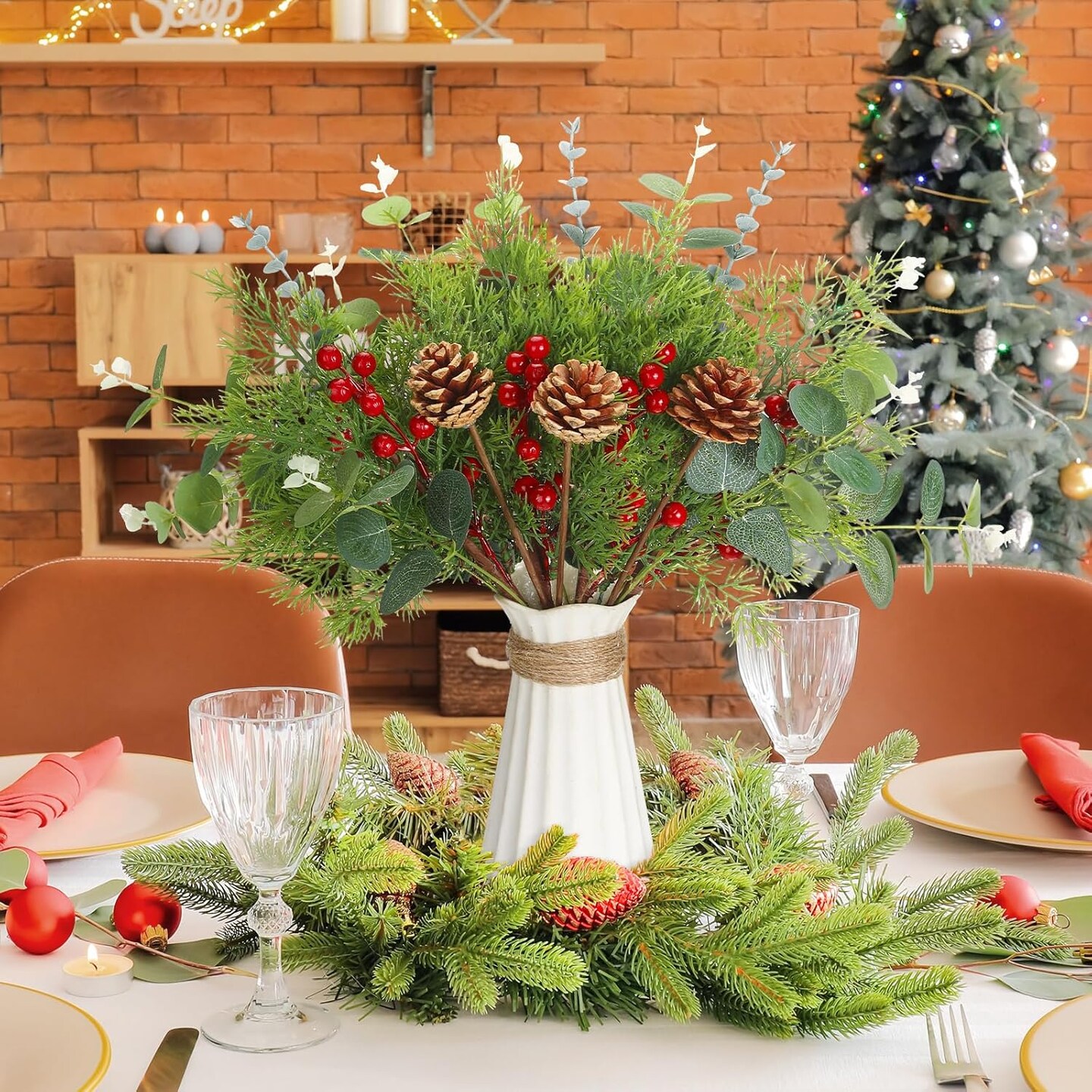 Artificial Christmas Greenery Stems (Green, Brown, Red)