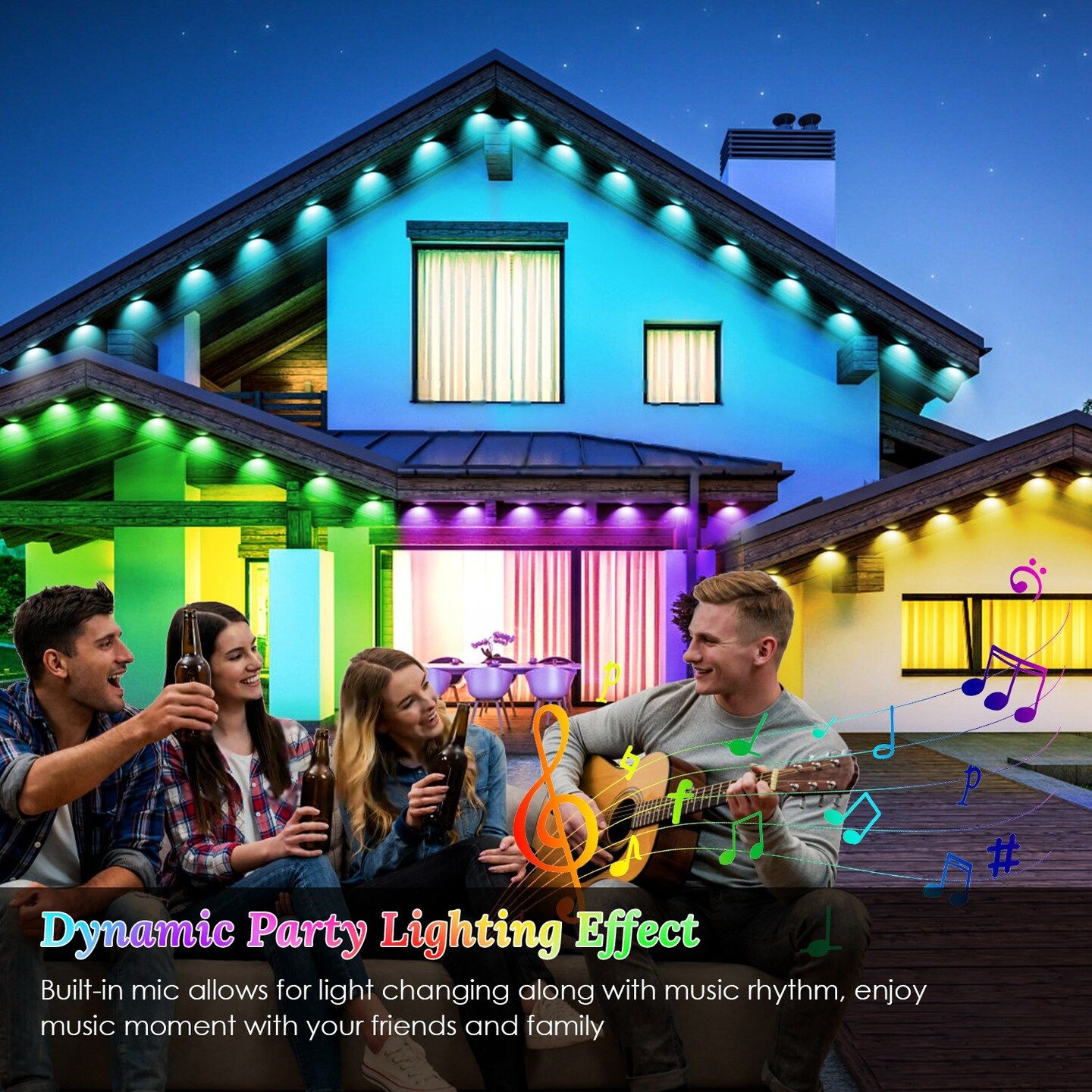 101FT Length Permanent Outdoor Lights With 72Pcs RGB Beads IP67 Waterproof Smart Eave Light For Halloween Christmas Daily House Lighting Works with Alexa Google Assistant