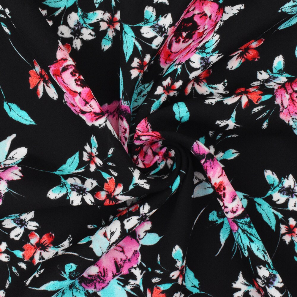 Black-Teal-Pink Polyester Floral Printed Momie Crepe Georgette Woven Fabric By the Yard