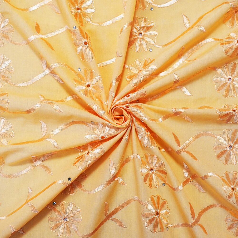 Orange Poly-Cotton Embroidered Scallop Rhinestone Woven Fabric By the Yard