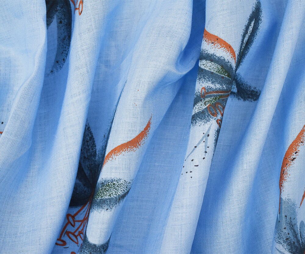 Blue-Orange-Multi Lily Printed Linen Woven Fabric By the Yard