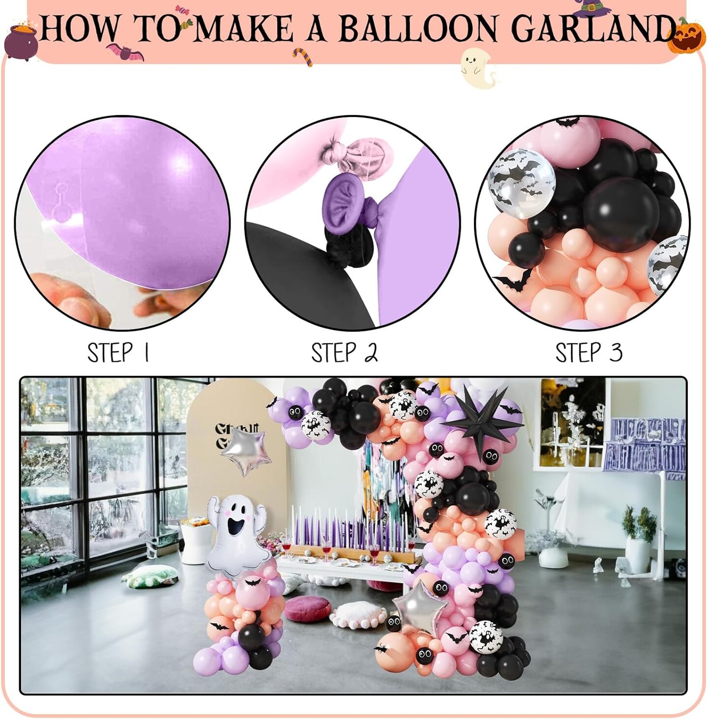 Halloween Latex Balloon Garland Arch Kit with 3D Bat (Black Pink Purple)