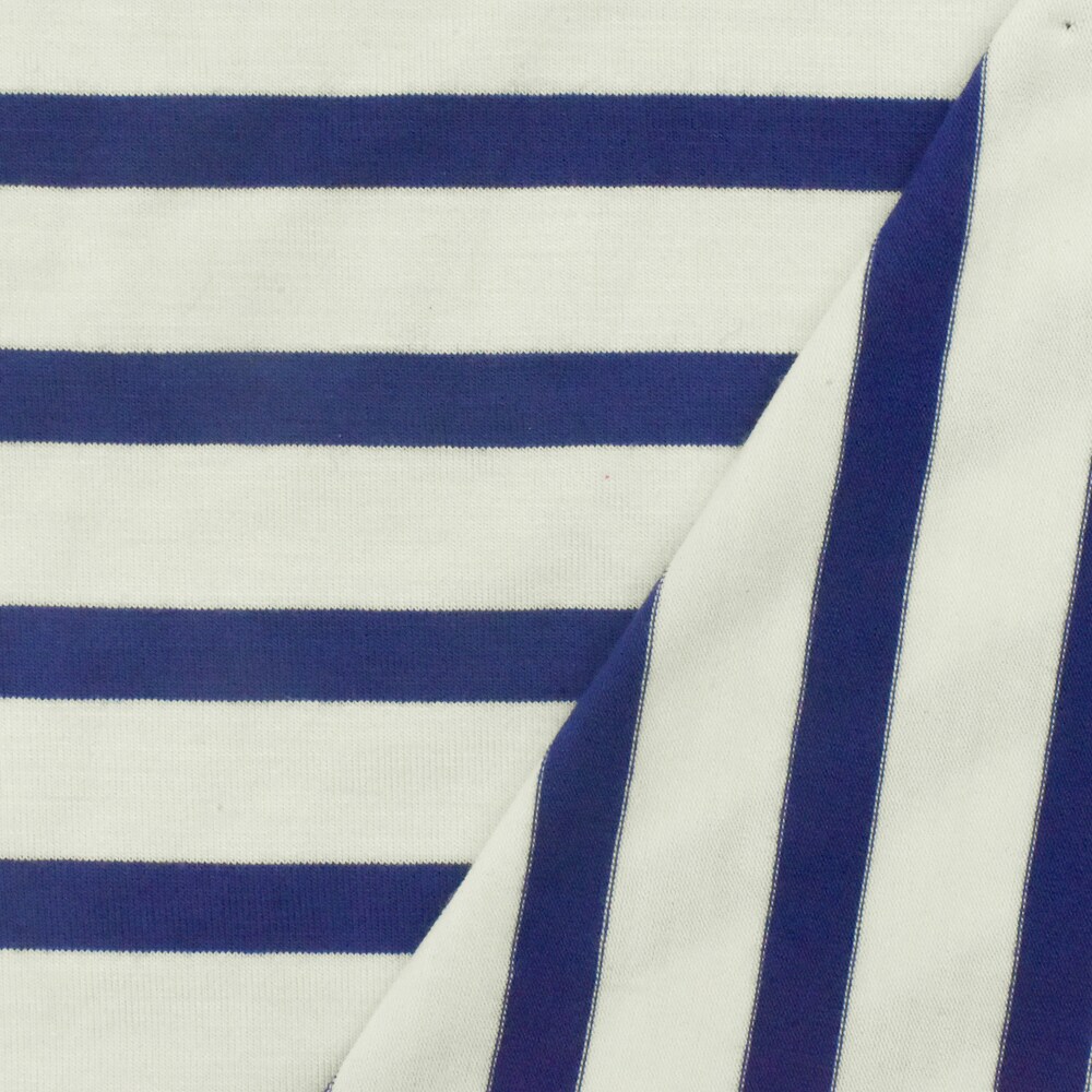 Blue-Ivory Stripe Stretch Spandex Rayon Modal Jersey Knit Fabric By the Yard