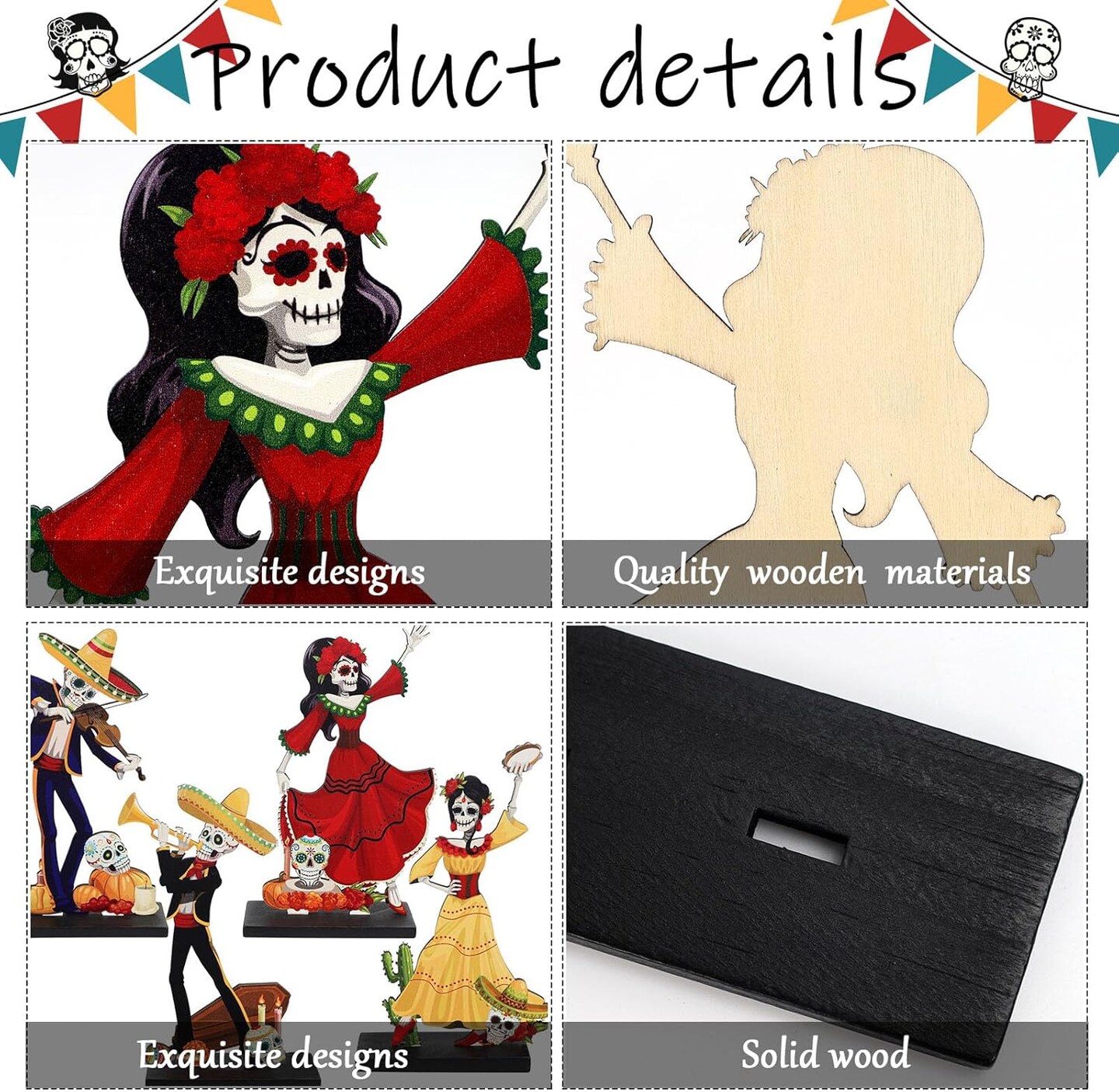 4 Pieces Day of The Dead Table Top Decorations Wooden Halloween Sign for Mexican Fiesta Decorations