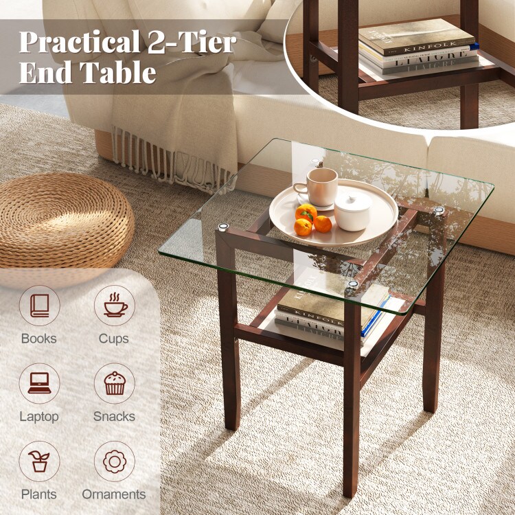 Transparent-Brown Tempered Glass 2-Tier Coffee Table with Rubber Wood Frame