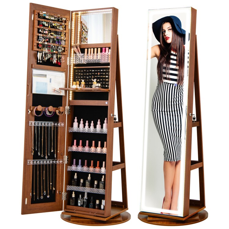 Brown Freestanding Jewelry Organizer with Lockable Door Included Lighted Full Mirror