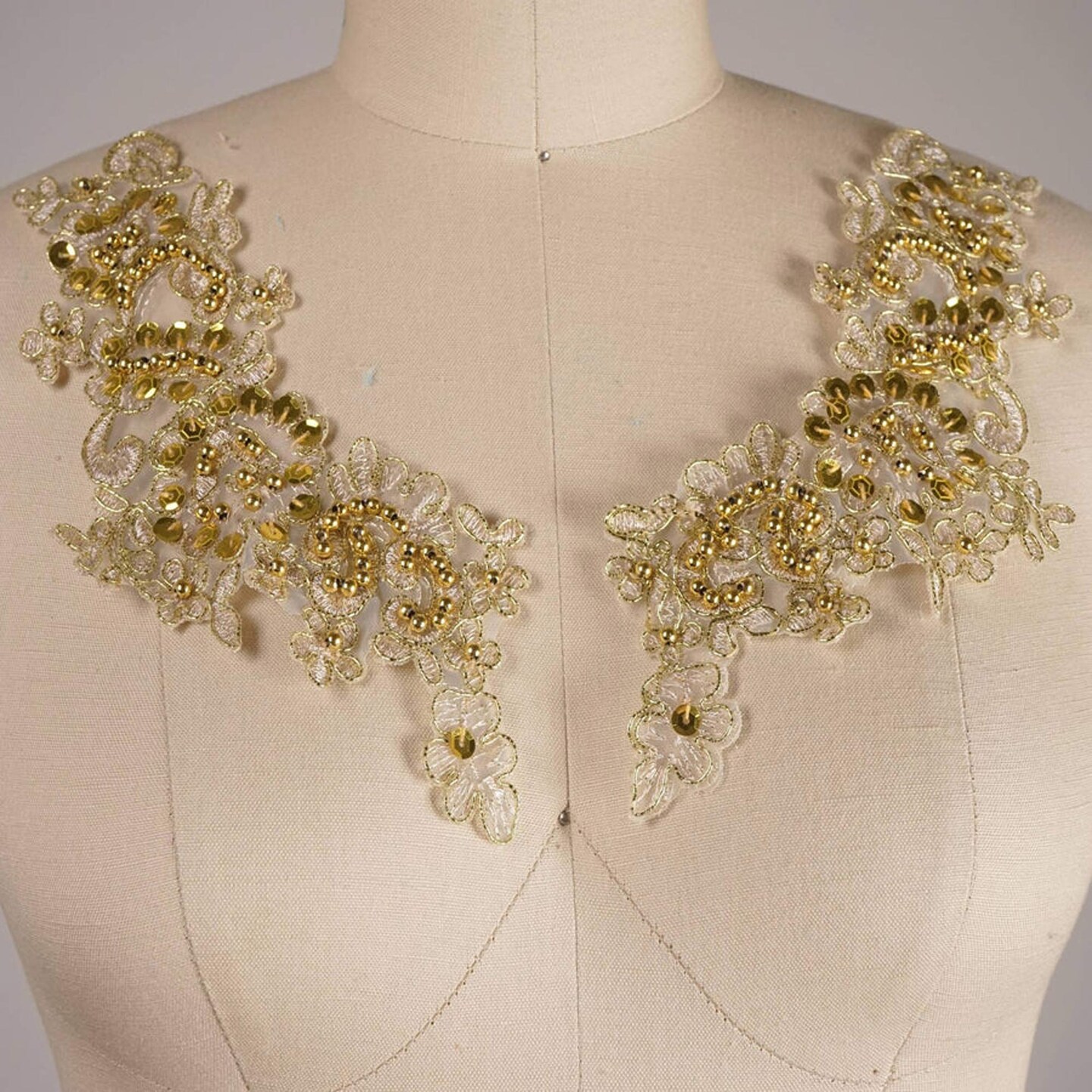 1 Pair Vibrant Gold Beaded Lace Applique 2 Piece Symmetrical Alencon with Pearl and Sequin