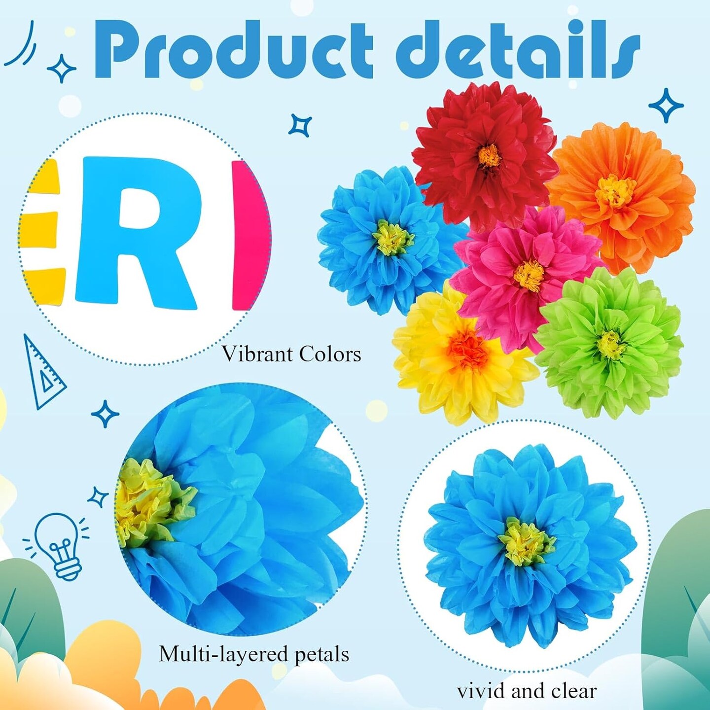 36 Pcs Classroom Tissue Paper Flower Bulletin Board Cutouts (Amazing Style)