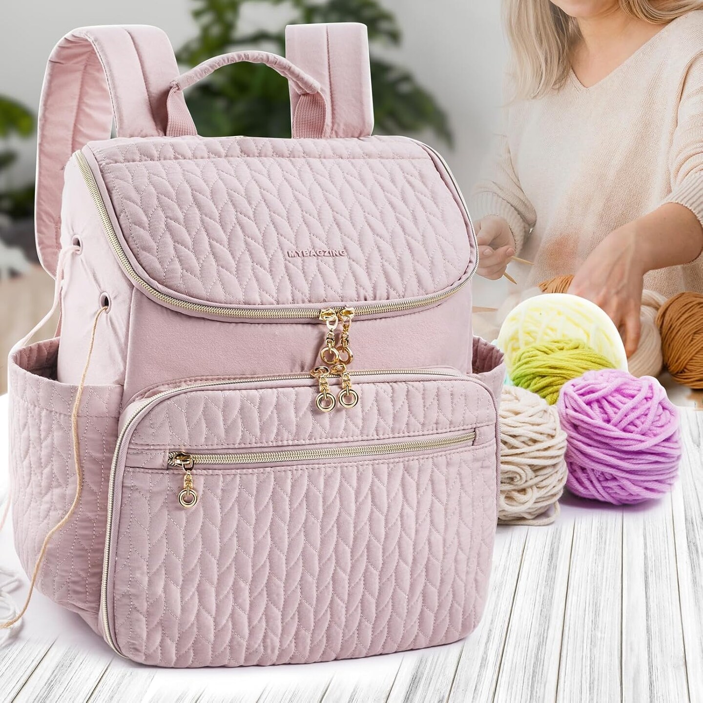 Knitting Bag Backpack, Large Crochet Backpack (PINK)