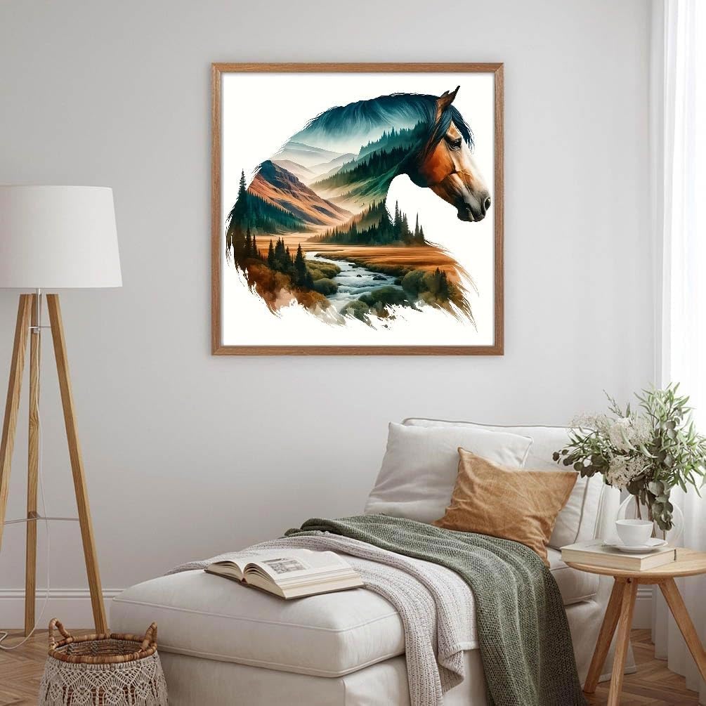 Horse Diamond Art Painting Kits for Adults – 5D Round Full Drill Mountain Road Horse Head Diamond Painting, DIY Gem Art Craft for Home Wall Decoration Gifts, 12×12 Inch
