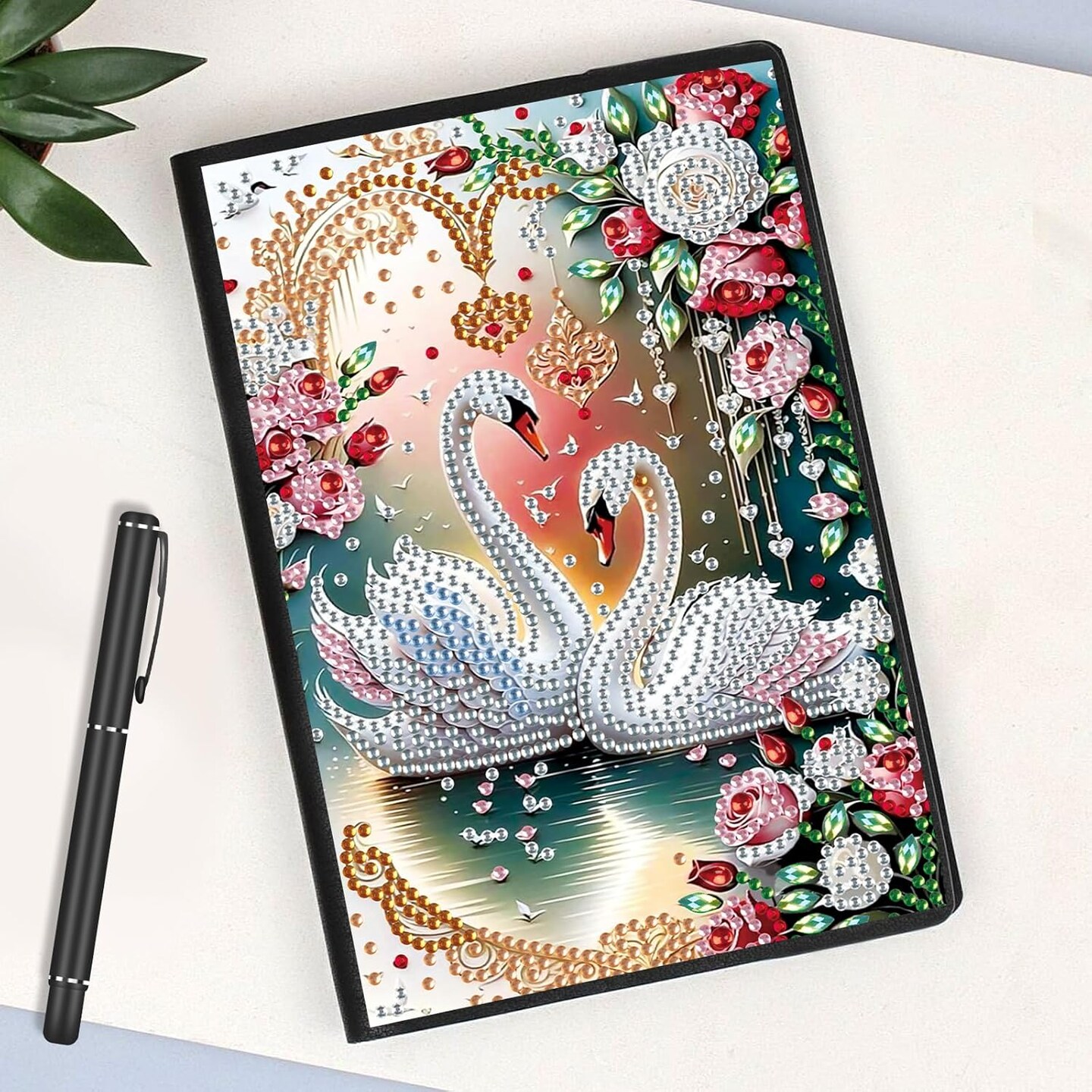 Diamond Art Notebook Journal Diamond Painting Note Book Gem Art Sketchbook Gem Painting Blank Notebook Mosaic Kits for Adults Diary with Special Shape Drill 14.5×21cm/5.7×8.26in Swan