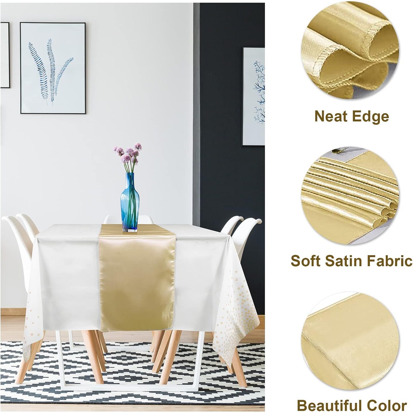 8Pack Disposable Plastic Tablecloths and Satin Table Runner Set (White and Gold) 108"L x 54"W