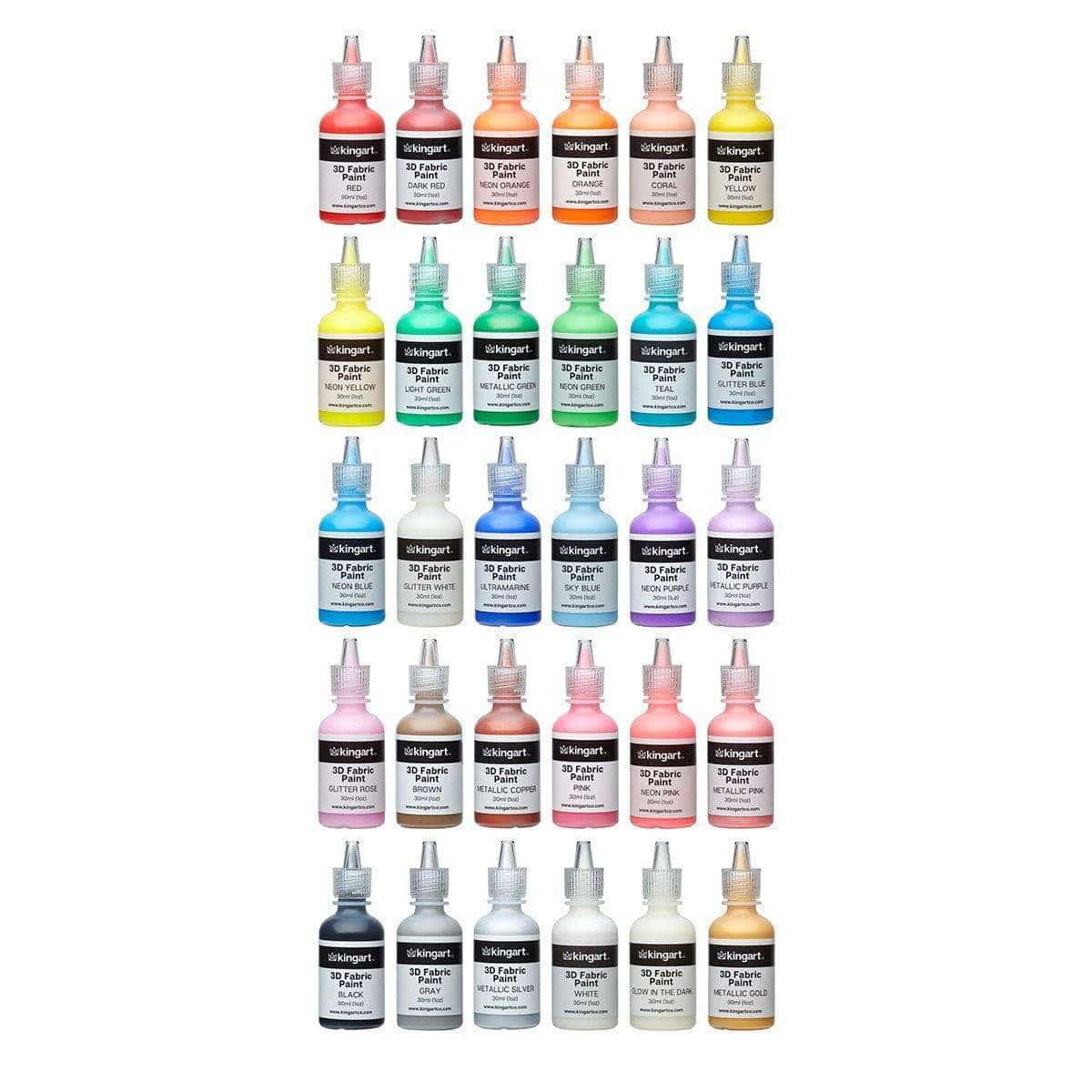 KINGART&#xAE; Permanent 3-D Fabric Paint, Set of 30 Colors, 30ml Bottles, Washer &#x26; Dryer Safe, Textile Paint for Clothes, T-Shirts, Jeans, Bags, Shoes, Art and Craft Supplies for DIY Projects