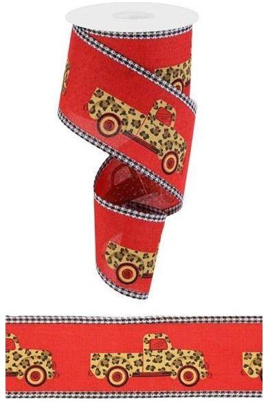 2.5&#x22; Leopard Truck Gingham Edge Ribbon: Red (10 Yards)