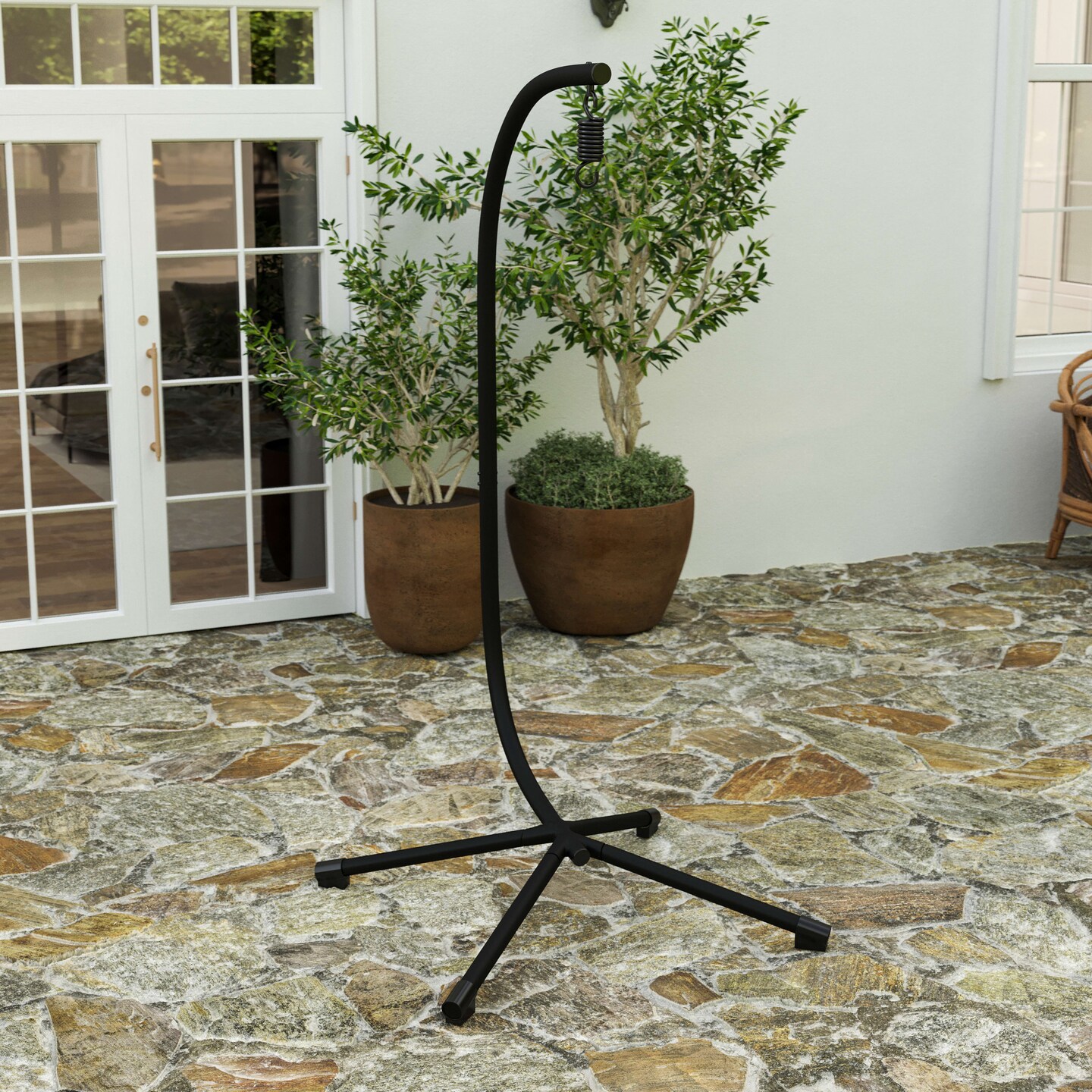 Merrick Lane Inger Heavy Duty All-Weather Hanging Hammock Chair C-Stand with Steel Offset Base and Hardware, 360 Degree Rotation