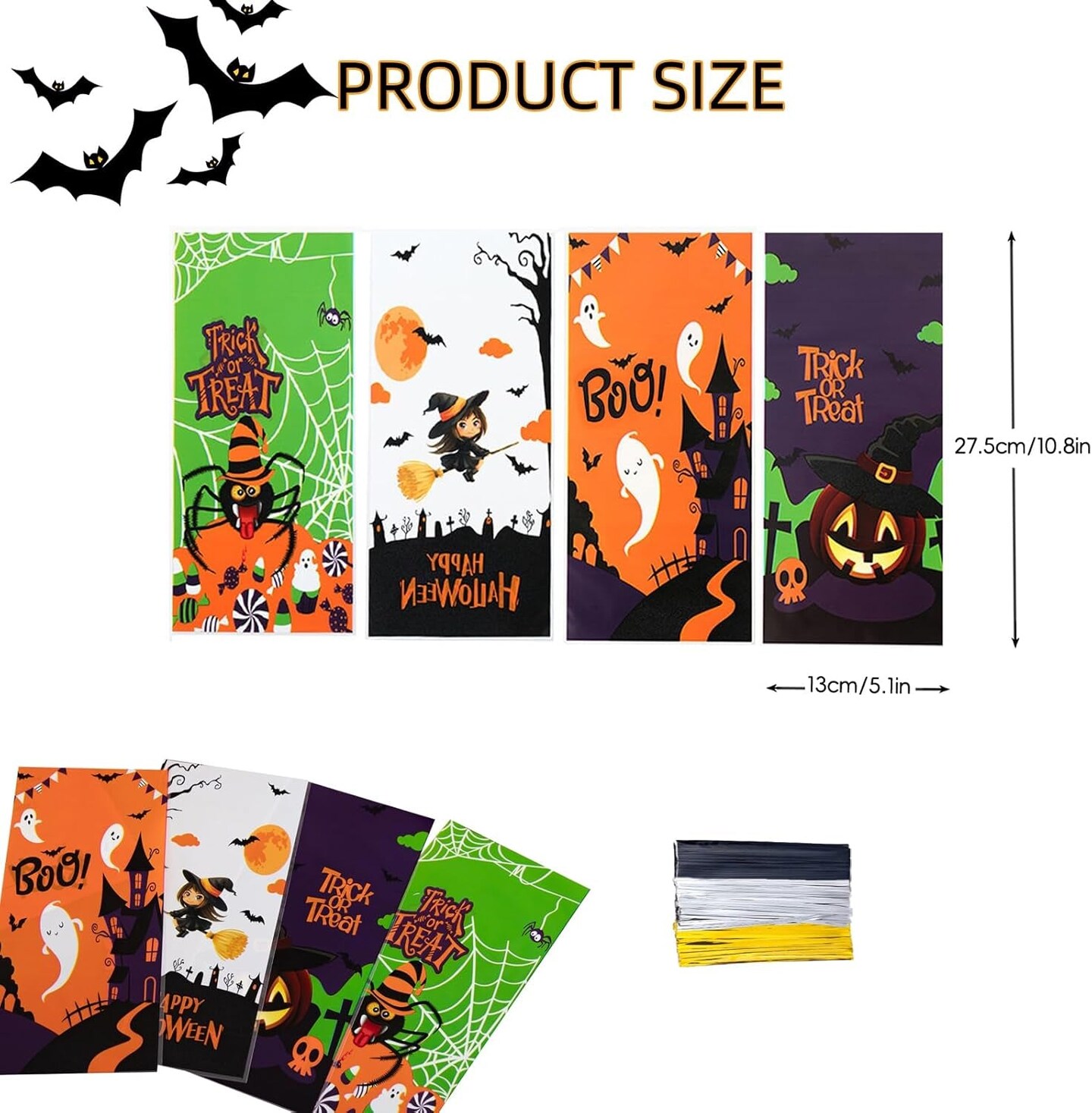 160PCS Halloween Cellophane Treat Bags, Plastic Goodie Candy Bag Goody Snack Sweet Bags with Twist Ties for Halloween Party Favor Supply&#xFF08;4 Style&#xFF09;