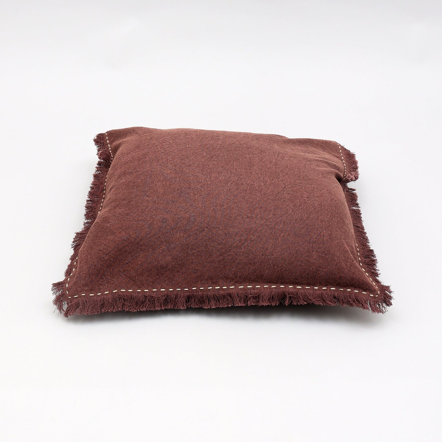 Stonewashed Linen Throw Pillow with Handworked Edges &#x26; Fringe - 22&#x22; x 22&#x22;