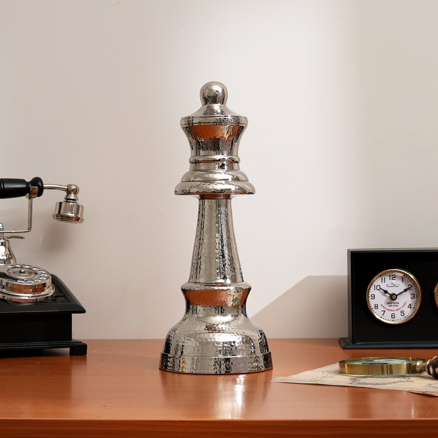 Decorative Hammered Nickel Finish Chess Bishop Sculpture – Elegant Table Accent (5.5x5.5x14")