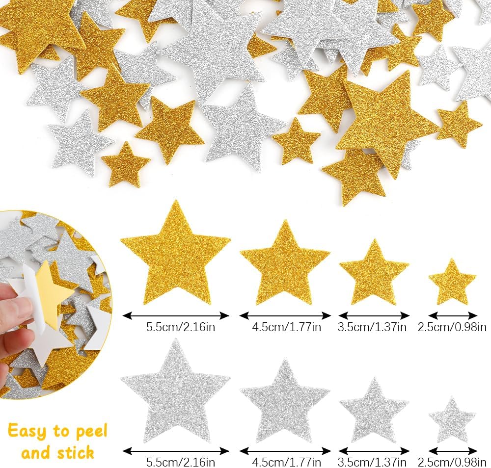 Glitter Foam Stickers,Gold Silver Star Stickers,Star Foam Stickers,Stickers (102pcs)