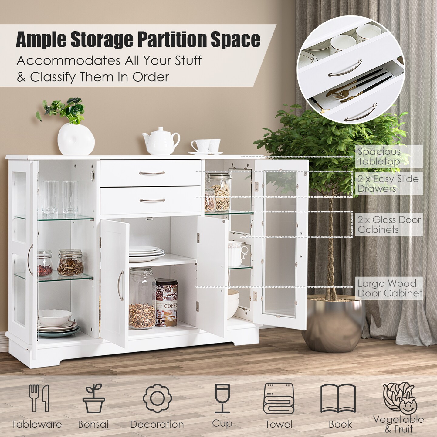 Costway Buffet Storage Cabinet Console Cupboard W/Glass Door Drawers Kitchen Dining Room