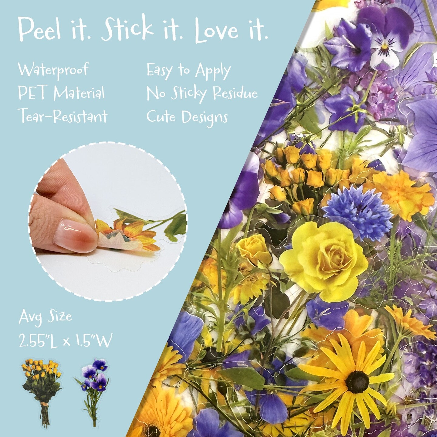 Wrapables Floral PET Stickers for Scrapbooking, Junk Journals, Stationery, Card Making, DIY, Arts and Crafts, Water Bottles, Phones, Laptops (120pcs), Blue Yellow Lavender