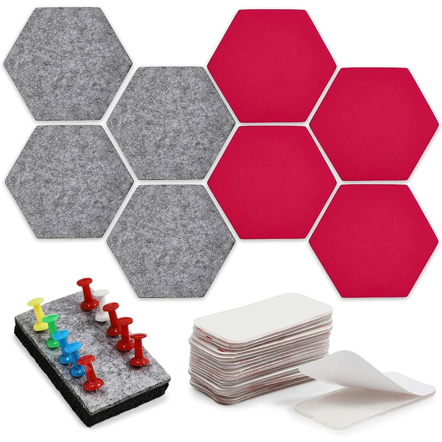 38 Pieces, 8 Felt Hexagon Bulletin Boards 5.9&#x22; x 7&#x22; with 10 Push Pins, 20 Adhesives Wall Decor