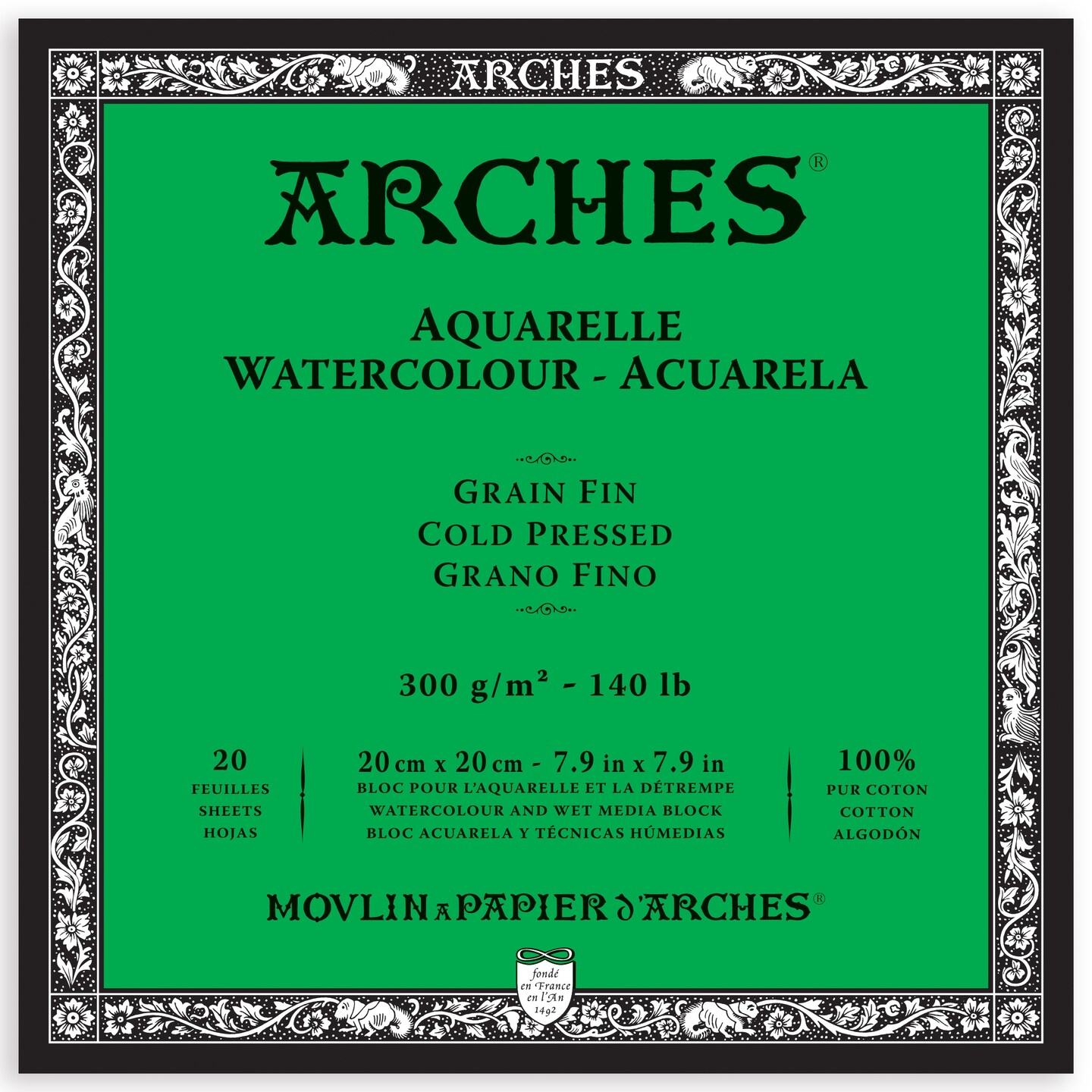 Arches Aquarelle Cold Pressed Watercolor Block 7.9"X7.9"- 140lb, 20 Sheets